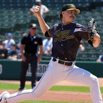 Indianapolis Indians starting pitcher Bubba Chandler (53) throws to Louisville Bats outfielder Jacob Hurtubise (0) during the first inning of a game Sunday, May 18, 2025, at Victory Field in Indianapolis.