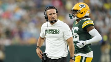 Aug 9, 2025; Green Bay, Wisconsin, USA;  Green Bay Packers head coach Matt LaFleur looks to the sideline as Green Bay Packers cornerback Bo Melton (16) runs off the field during the first quarter against the New York Jets at Lambeau Field. Mandatory Credit: Kayla Wolf-Imagn Images