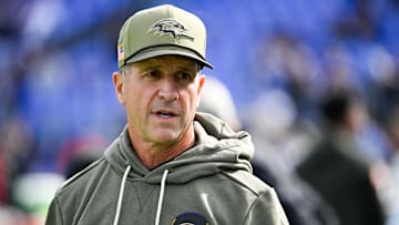 Oct 26, 2025; Baltimore, Maryland, USA;  Baltimore Ravens head coach John Harbaugh looks on before the game against the Chicago Bears at M&T Bank Stadium. Mandatory Credit: Tommy Gilligan-Imagn Images