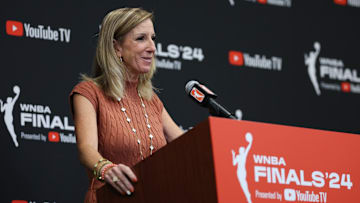 WNBA Commissioner Cathy Engelbert stands at the podium following Game 1 of the 2024 WNBA Finals