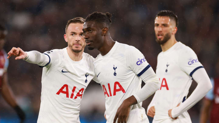 West Ham United v Tottenham Hotspur - Premier League - Maddison and Bissouma talking away at West Ham last season, with Bentancur looking on