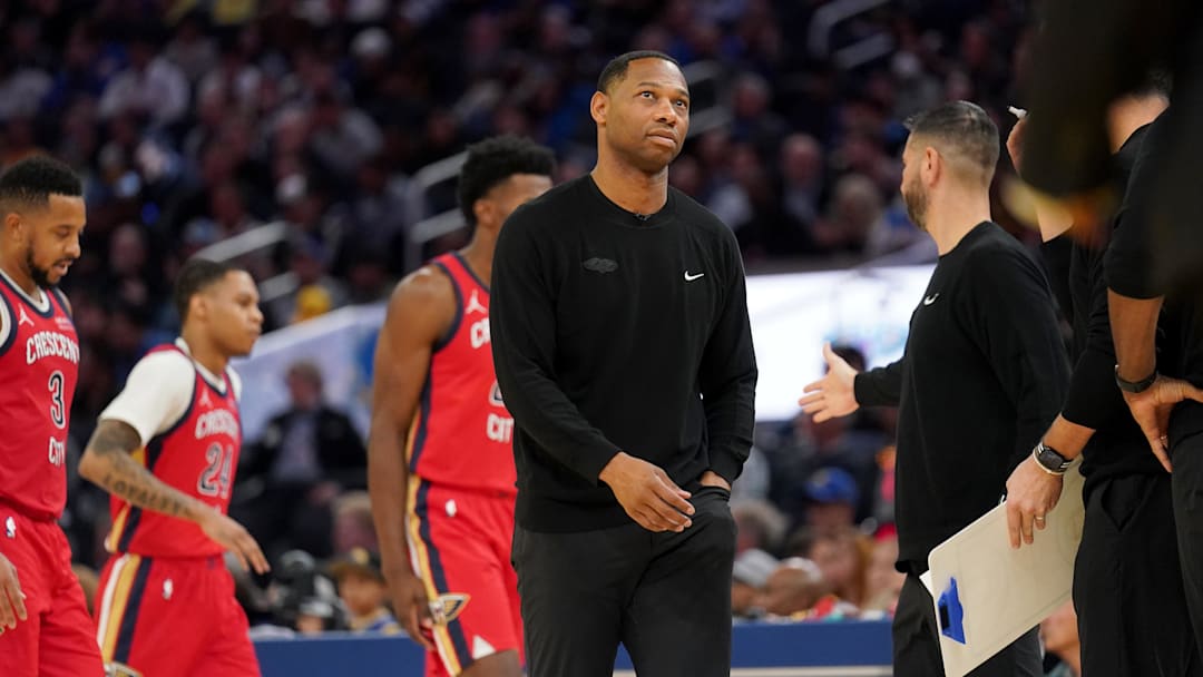 Oct 29, 2024; San Francisco, California, USA; New Orleans Pelicans head coach Willie Green stands on the court during a timeout against the Golden State Warriors in the third quarter at the Chase Center. 