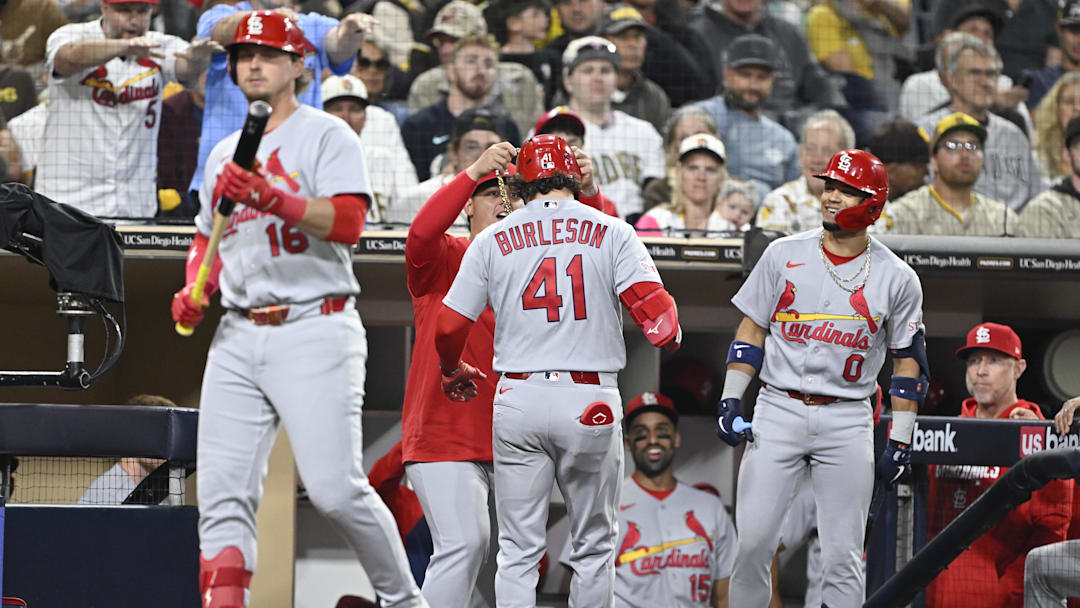 May 7, 2026; San Diego, California, USA; St. Louis Cardinals first baseman Alec Burleson (41) is congratulated after hitting a solo home run during the fourth inning against the San Diego Padres at Petco Park. Mandatory Credit: Denis Poroy-Imagn Images