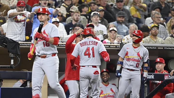 May 7, 2026; San Diego, California, USA; St. Louis Cardinals first baseman Alec Burleson (41) is congratulated after hitting a solo home run during the fourth inning against the San Diego Padres at Petco Park. Mandatory Credit: Denis Poroy-Imagn Images