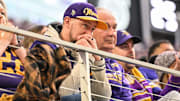 Nov 9, 2025; Minneapolis, Minnesota, USA; Minnesota Vikings fans look on late during the fourth quarter against the Baltimore Ravens at U.S. Bank Stadium. Mandatory Credit: Jeffrey Becker-Imagn Images