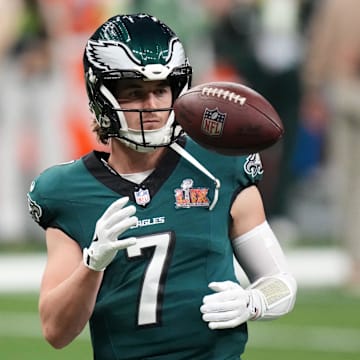 Philadelphia Eagles quarterback Kenny Pickett practices before Super Bowl LIX against the Kansas City Chiefs