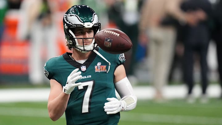Philadelphia Eagles quarterback Kenny Pickett practices before Super Bowl LIX against the Kansas City Chiefs