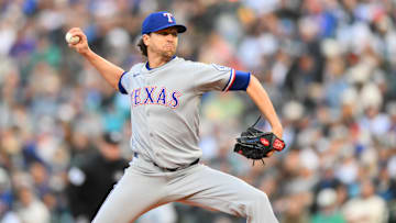 Apr 11, 2025; Seattle, Washington, USA; Texas Rangers starting pitcher Jacob deGrom (48) pitches to the Seattle Mariners during the first inning at T-Mobile Park. 