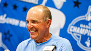 Jun 8, 2025; Chapel Hill, NC, USA;  North Carolina head coach Scott Forbes during an interview with the media after a Super Regionals game against North Carolina in Chapel Hill, North Carolina. Scott Forbes also celebrates his 200th win. Mandatory Credit: Jaylynn Nash-Imagn Images