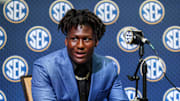 Jul 15, 2025; Atlanta, GA, USA; Texas Longhorns linebacker Anthony Hill Jr. answers questions from the media during SEC Media Days at Omni Atlanta Hotel.