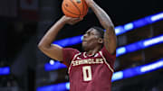 Nov 9, 2024; Houston, Texas, USA; Florida State Seminoles guard Chandler Jackson (0) shoots the ball during the first half against the Rice Owls at Toyota Center. Mandatory Credit: Troy Taormina-Imagn Images