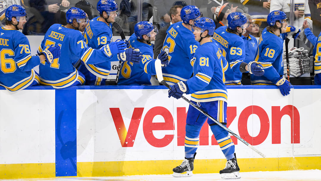 Mar 1, 2025; St. Louis, Missouri, USA;  St. Louis Blues center Dylan Holloway (81) is congratulated by teammates after scoring against the Los Angeles Kings during the third period at Enterprise Center. Mandatory Credit: Jeff Curry-Imagn Images