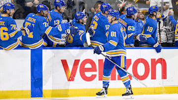 Mar 1, 2025; St. Louis, Missouri, USA;  St. Louis Blues center Dylan Holloway (81) is congratulated by teammates after scoring against the Los Angeles Kings during the third period at Enterprise Center. Mandatory Credit: Jeff Curry-Imagn Images