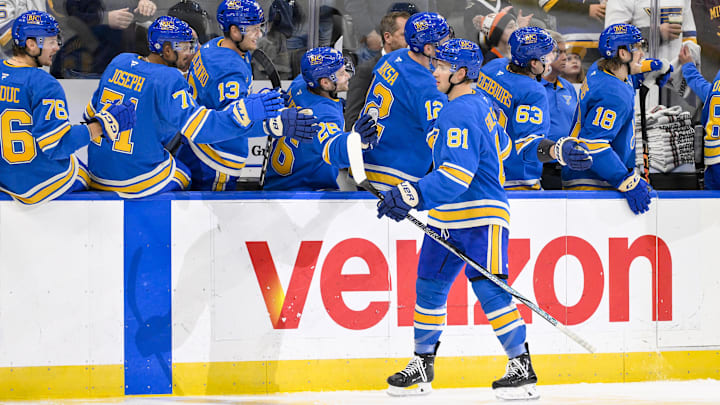Mar 1, 2025; St. Louis, Missouri, USA;  St. Louis Blues center Dylan Holloway (81) is congratulated by teammates after scoring against the Los Angeles Kings during the third period at Enterprise Center. Mandatory Credit: Jeff Curry-Imagn Images