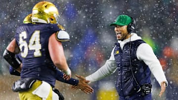 Notre Dame head coach Marcus Freeman, right, celebrates after a touchdown during the second half against Navy at Notre Dame Stadium on Saturday, Nov. 8, 2025, in South Bend.