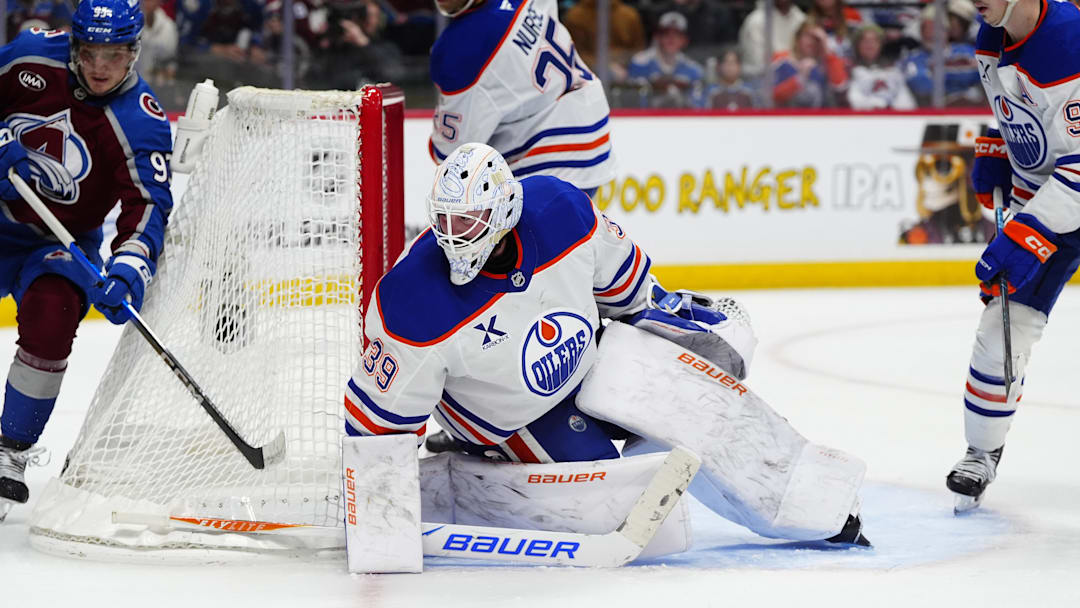 Mar 10, 2026; Denver, Colorado, USA; Edmonton Oilers goaltender Connor Ingram (39) defends the net in the second period against the Colorado Avalanche at Ball Arena. Mandatory Credit: Ron Chenoy-Imagn Images Mar 10, 2026; Denver, Colorado, USA; Edmonton Oilers goaltender Connor Ingram (39) defends the net in the second period against the Colorado Avalanche at Ball Arena. Mandatory Credit: Ron Chenoy-Imagn Images