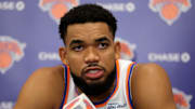 Sep 23, 2025; New York, NY, USA; New York Knicks center Karl-Anthony Towns speaks to the media during a media day press conference at the Madison Square Garden training center. Mandatory Credit: Brad Penner-Imagn Images