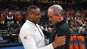 Texas Longhorns head coach Rodney Terry meets Tennessee head coach Rick Barnes ahead of the game at the Moody Center on Saturday, Jan. 11, 2025.