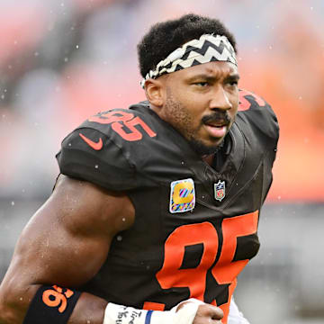 Oct 19, 2025; Cleveland, Ohio, USA; Cleveland Browns defensive end Myles Garrett (95) runs off the field before the game between the Browns and the Miami Dolphins at Huntington Bank Field. Mandatory Credit: Ken Blaze-Imagn Images