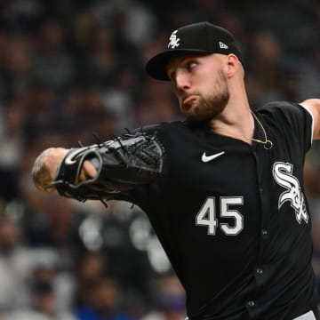 Jun 1, 2024; Milwaukee, Wisconsin, USA; Chicago White Sox starting pitcher Garrett Crochet (45) throws against the Milwaukee Brewers in the first inning at American Family Field. Mandatory Credit: Benny Sieu-USA TODAY Sports