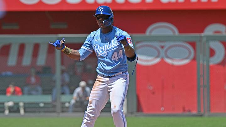 May 18, 2025; Kansas City, Missouri, USA;  Kansas City Royals center fielder Dairon Blanco (44) reacts after hitting an RBI double in the fourth inning against the St. Louis Cardinals at Kauffman Stadium. Mandatory Credit: Peter Aiken-Imagn Images