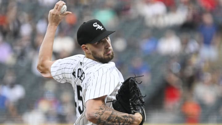 Jun 7, 2024; Chicago, Illinois, USA;  Chicago White Sox pitcher Garrett Crochet (45) delivers against the Boston Red Sox during the first inning at Guaranteed Rate Field. Mandatory Credit: Matt Marton-USA TODAY Sports