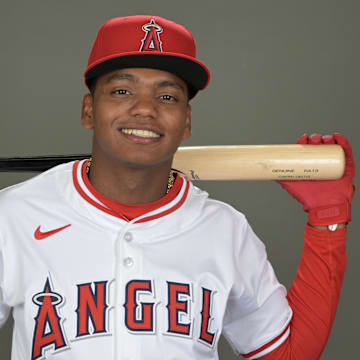 Feb 21, 2024; Tempe, AZ, USA;  Los Angeles Angels Nelson Rada (75) poses for a photo on media day in Tempe, AZ. Mandatory Credit: Jayne Kamin-Oncea-Imagn Images
