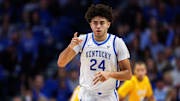 Nov 7, 2025; Lexington, Kentucky, USA; Kentucky Wildcats center Malachi Moreno (24) celebrates after making a basket during the first half against the Valparaiso Beacons at Rupp Arena at Central Bank Center. Mandatory Credit: Jordan Prather-Imagn Images