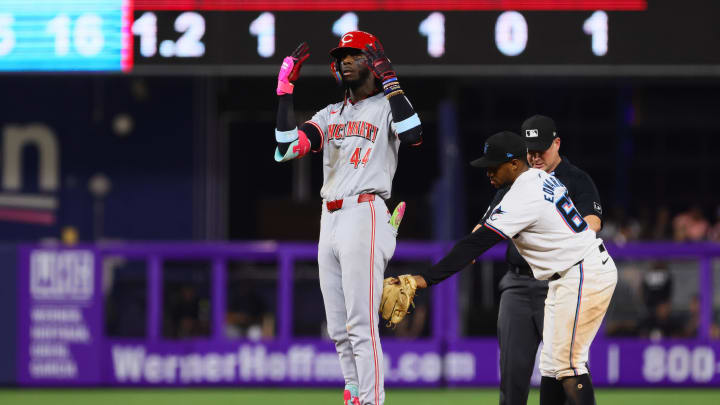 Aug 5, 2024; Miami, Florida, USA; Cincinnati Reds shortstop Elly De La Cruz (44) reacts from second base after hitting a double against the Miami Marlins during the sixth inning at loanDepot Park. Mandatory Credit: Sam Navarro-USA TODAY Sports