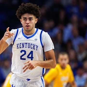 Nov 7, 2025; Lexington, Kentucky, USA; Kentucky Wildcats center Malachi Moreno (24) celebrates after making a basket during the first half against the Valparaiso Beacons at Rupp Arena at Central Bank Center. Mandatory Credit: Jordan Prather-Imagn Images