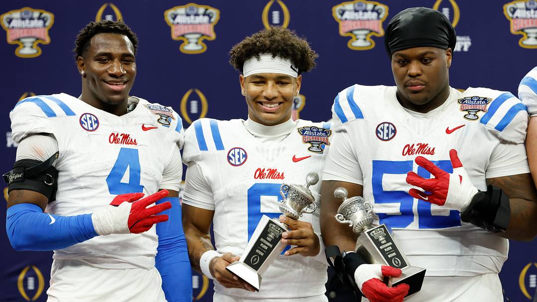 Jan 1, 2026; New Orleans, LA, USA; Mississippi Rebels linebacker Suntarine Perkins (4), quarterback Trinidad Chambliss (6) and defensive tackle Will Echoles (52) pose for a photo after the 2025 Sugar Bowl and quarterfinal game of the College Football Playoff against the Georgia Bulldogs at Caesars Superdome. Mandatory Credit: Amber Searls-Imagn Images Jan 1, 2026; New Orleans, LA, USA; Mississippi Rebels linebacker Suntarine Perkins (4), quarterback Trinidad Chambliss (6) and defensive tackle Will Echoles (52) pose for a photo after the 2025 Sugar Bowl and quarterfinal game of the College Football Playoff against the Georgia Bulldogs at Caesars Superdome. Mandatory Credit: Amber Searls-Imagn Images