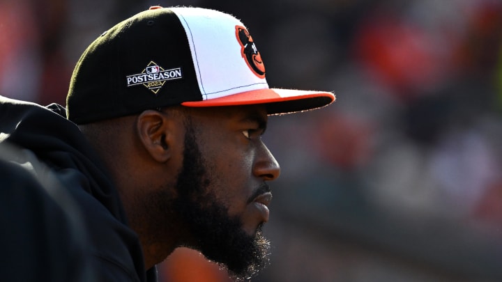 Oct 7, 2023; Baltimore, Maryland, USA; Baltimore Orioles relief pitcher Felix Bautista (74) looks on from the dugout in game one of the ALDS for the 2023 MLB playoffs against the Texas Rangers at Oriole Park at Camden Yards. 