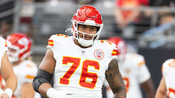 Aug 9, 2025; Glendale, Arizona, USA; Kansas City Chiefs offensive tackle Kingsley Suamataia (76) against the Arizona Cardinals during a preseason NFL game at State Farm Stadium. Mandatory Credit: Mark J. Rebilas-Imagn Images