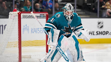 Feb 8, 2025; San Jose, California, USA; San Jose Sharks goaltender Vitek Vanecek (41) plays his position against the Dallas Stars during the third period at SAP Center at San Jose. Mandatory Credit: Robert Edwards-Imagn Images