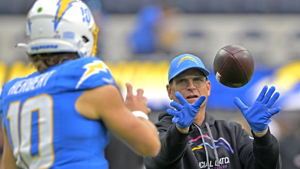 Los Angeles Chargers quarterback Justin Herbert, head coach Jim Harbaugh