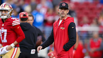 Dec 30, 2024; Santa Clara, California, USA; San Francisco 49ers head coach Kyle Shanahan walks onto the field before the game against the Detroit Lions at Levi's Stadium. Mandatory Credit: Sergio Estrada-Imagn Images