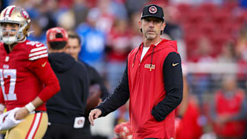 Dec 30, 2024; Santa Clara, California, USA; San Francisco 49ers head coach Kyle Shanahan walks onto the field before the game against the Detroit Lions at Levi's Stadium. Mandatory Credit: Sergio Estrada-Imagn Images