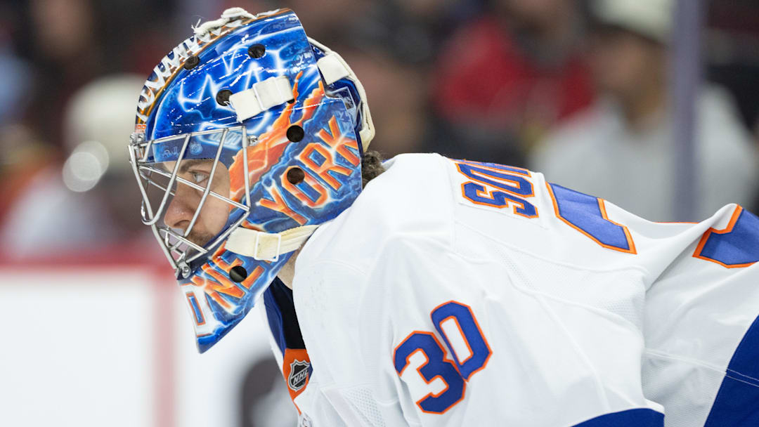 Mar 19, 2026; Ottawa, Ontario, CAN; New York Islanders goalie Ilya Sorokin (30) looks up the ice prior to the start of the first period against the Ottawa Senators at the Canadian Tire Centre. Mandatory Credit: Marc DesRosiers-IMAGN Images