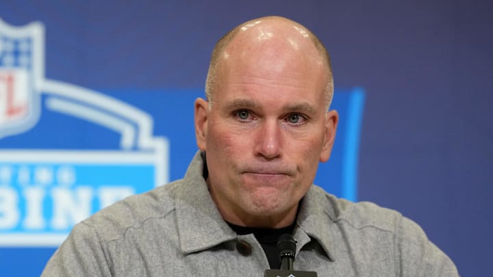 Baltimore Ravens general manager Eric DeCosta speaks at the NFL Scouting Combine.