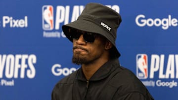 May 12, 2022; Philadelphia, Pennsylvania, USA; Miami Heat forward Jimmy Butler speaks with the media after a series clinching victory against the Philadelphia 76ers in game six of the second round of the 2022 NBA playoffs at Wells Fargo Center. Mandatory Credit: Bill Streicher-Imagn Images