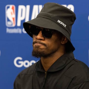 May 12, 2022; Philadelphia, Pennsylvania, USA; Miami Heat forward Jimmy Butler speaks with the media after a series clinching victory against the Philadelphia 76ers in game six of the second round of the 2022 NBA playoffs at Wells Fargo Center. Mandatory Credit: Bill Streicher-USA TODAY Sports