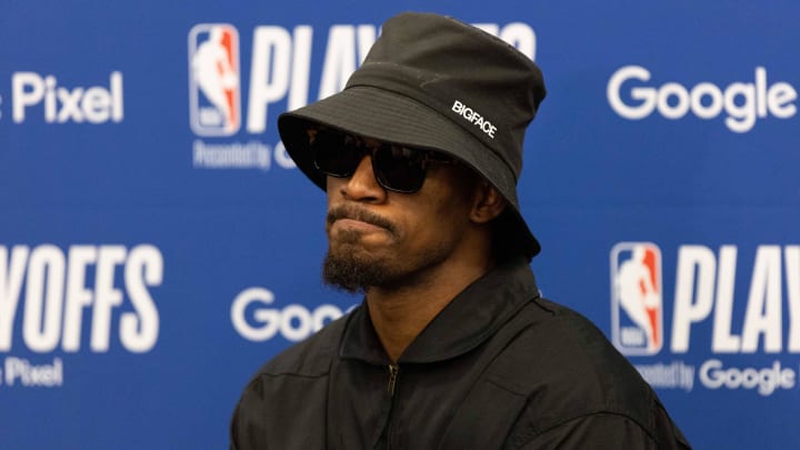 May 12, 2022; Philadelphia, Pennsylvania, USA; Miami Heat forward Jimmy Butler speaks with the media after a series clinching victory against the Philadelphia 76ers in game six of the second round of the 2022 NBA playoffs at Wells Fargo Center. Mandatory Credit: Bill Streicher-USA TODAY Sports