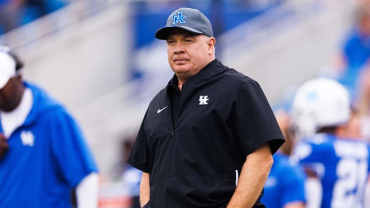 Sep 9, 2023; Lexington, Kentucky, USA; Kentucky Wildcats head coach Mark Stoops looks on before the game against the Eastern Kentucky Colonels at Kroger Field. Mandatory Credit: Jordan Prather-USA TODAY Sports