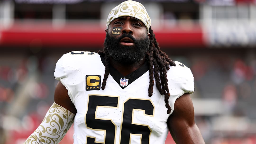 New Orleans Saints LB Demario Davis (56) looks on during a game against the Tampa Bay Buccaneers on Dec. 7, 2025.