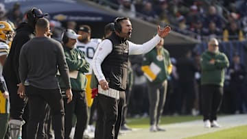 Nov 17, 2024; Chicago, Illinois, USA; Green Bay Packers head coach Matt LaFleur questions a call during the second half  of a game against the Chicago Bears at Soldier Field. Mandatory Credit: David Banks-Imagn Images