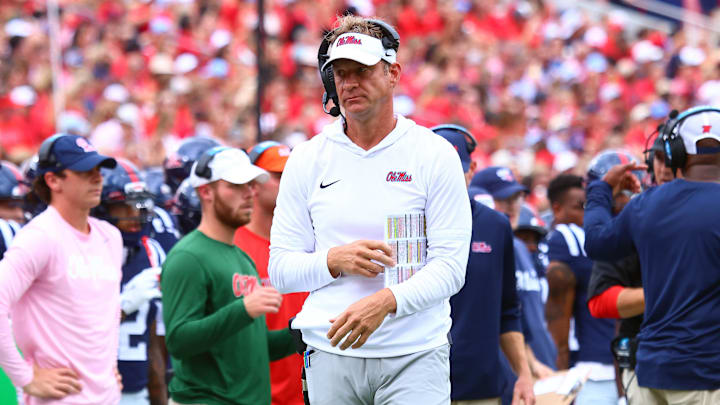 Sep 20, 2025; Oxford, Mississippi, USA; Mississippi Rebels head coach Lane Kiffin reacts during the first quarter against the Tulane Green Wave at Vaught-Hemingway Stadium. Mandatory Credit: Petre Thomas-Imagn Images