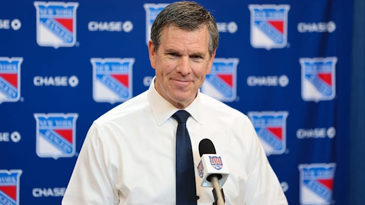 Apr 4, 2026; New York, New York, USA; New York Rangers head coach Mike Sullivan speaks to reporters after a 4-1 win against the Detroit Red Wings at Madison Square Garden. 