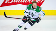 May 3, 2022; Calgary, Alberta, CAN; Dallas Stars defenseman John Klingberg (3) skates during the warmup period against the Calgary Flames in game one of the first round of the 2022 Stanley Cup Playoffs at Scotiabank Saddledome. Mandatory Credit: Sergei Belski-Imagn Images
