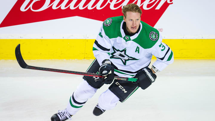 May 3, 2022; Calgary, Alberta, CAN; Dallas Stars defenseman John Klingberg (3) skates during the warmup period against the Calgary Flames in game one of the first round of the 2022 Stanley Cup Playoffs at Scotiabank Saddledome. Mandatory Credit: Sergei Belski-Imagn Images