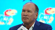 Jul 9, 2025; Frisco, TX, USA; Kansas head coach Lance Leipold speaks with the media during 2025 Big 12 Football Media Days at The Star. Mandatory Credit: Raymond Carlin III-Imagn Images